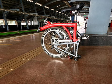 Foldable bicycle at JP Nagar Metro station. (Photo | Special Arrangement)