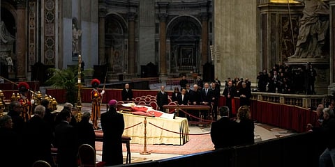 The body of late Pope Emeritus Benedict XVI laids out in state inside St. Peter's Basilica at The Vatican on Monday, January 2.