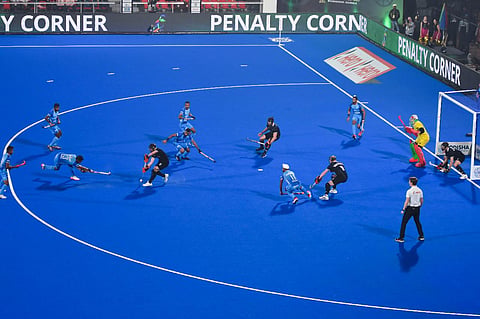 Indian players take a penalty corner against Wales. (Photo | Debadatta Mallick, EPS)