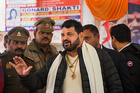 WFI President Brij Bhushan Sharan Singh speaks with the media regarding recent allegations of sexual harassment, in Gonda district, Friday, Jan 20, 2023. (Photo | PTI)