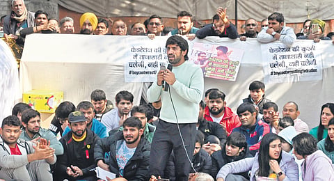 Top wrestlers participate in their protest at Jantar Mantar in New Delhi against the WFI chief on Friday. (Photo | Shekhar yadav, EPS)