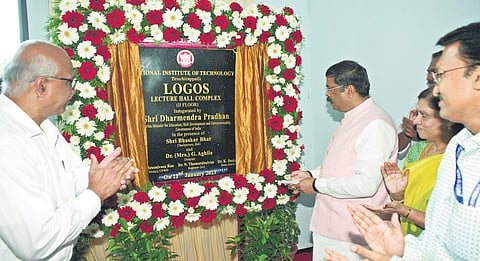 Union Minister of Education Dharmendra Pradhan inaugurating a new lecture hall complex at National Institute of Technology (NIT) in Tiruchy on Sunday | Express