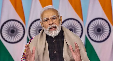 PM Narendra Modi on Monday virtually unveiled the model of a proposed memorial dedicated to Netaji Subhas Chandra Bose. (Photo | PTI)