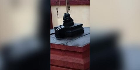 The destroyed 'Moolavigraham' of Kodungallur Sree Kurumba Bhagavathy temple. (Photo | Special Arrangement)