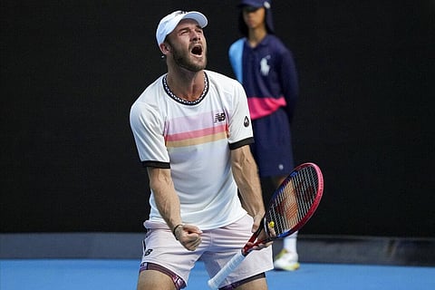 Tommy Paul of the US celebrates after defeating compatriot Ben Shelton in their quarterfinal match at the Australian Open tennis championship in Melbourne, Australia | AP