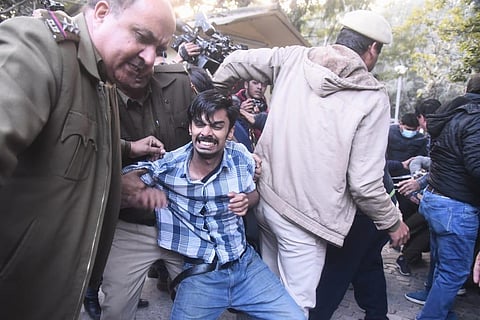 Students detained by Delhi Police as they try to screen the BBC documentary at DU North Campus in New Delhi on Friday, Jan. 27, 2023. (Photo | Parveen Negi, EPS)