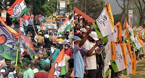 Flags of the respective parties, TMC and NPP.