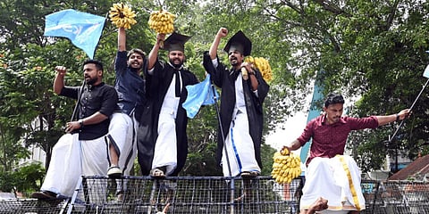 KSU activists protesting in front of the State Youth Commission office on Monday against the alleged irregularities in the PhD thesis written by its chairperson Chintha Jerome | Vincent Pulickal