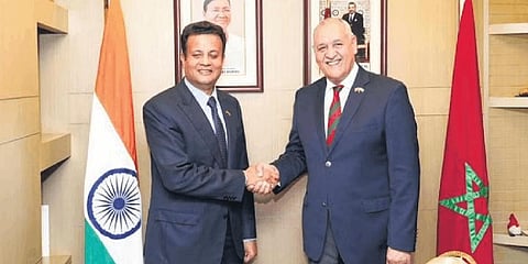 Moroccan Ambassador to India Mohammed Maliki greets Honorary Consul of Morocco in Bengaluru Pratap Madhukar Kamath on Tuesday | Express