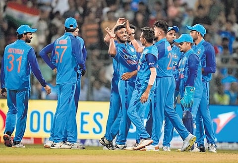 India’s Shivam Mavi (centre) celebrates the wicket of Sri Lanka’s Pathum Nissanka during the first T20I match on Tuesday | ap