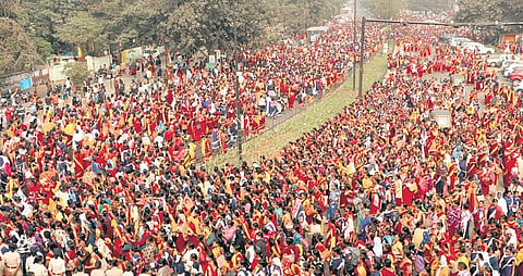 Members of All Odisha Anganwadi Association hold a protest rally at Rajmahal over their various demands, in Bhubaneswar, on Tuesday | Shamim Qureshy