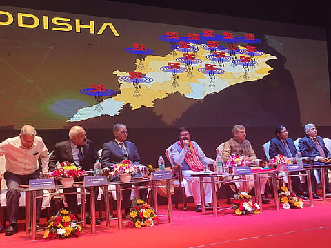 Union Ministers Dharmendra Pradhan and Ashwini Vaishnaw at the 5G roll out ceremony in Bhubaneswar on Thursday. (EPS)