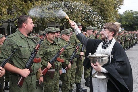 In this file photo taken on September 27, 2022 reservists drafted during the partial mobilisation attend a departure ceremony in Sevastopol, Crimea. (Photo | AFP)
