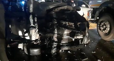 Kerala Home Secretary V Venu's vehicle rammed into a lorry. (Photo | Special Arrangement)