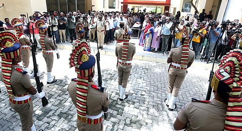 MS Swaminathan being given a gun salute at Besant Nagar electric crematorium in Chennai on Saturday | P Ravikumar