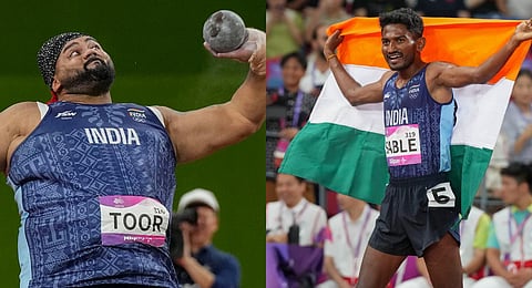 Asian Games: Tajinderpal Singh Toor competes in the men's shot put final; Avinash Mukund Sable celebrates after winning the men's 3000-meter steeplechase final event. (PTI)
