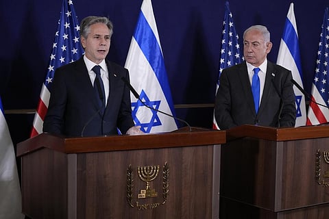 US Secretary of State Antony Blinken (L) and Israel's PM Benjamin Netanyahu make statements to the media after their meeting in Tel Aviv, Thursday, Oct. 12, 2023. (Photo | AP)
