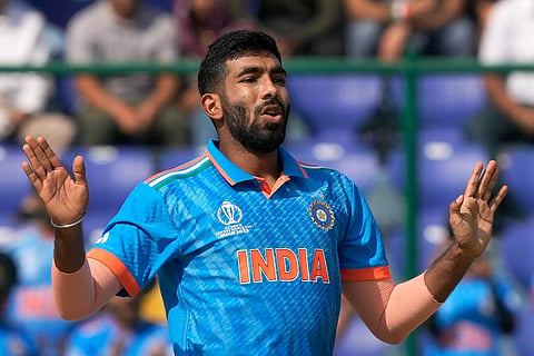 India's Jasprit Bumrah reacts after a delivery during the ICC Men's Cricket World Cup match between Afghanistan and India in New Delhi, India, Wednesday, Oct. 11, 2023. (Photo | AP)