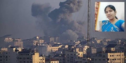 Smoke rises following an Israeli airstrike in Gaza City on October 12, 2023. (Inset) Dr Rathika, associate professor with the TNAU.