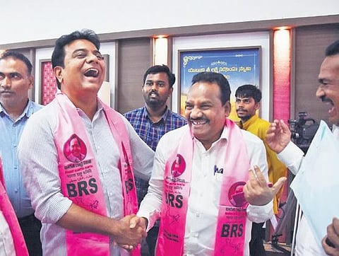 BRS working president KT Rama Rao shares a light moment with other leaders in Hyderabad | Sri Loganathan Velmurugan