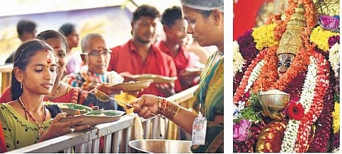 Devotees seen forming queues for Annaprasadam at the Kanaka Durga temple atop Indrakeeladri hills, where Goddess Durga was adorned as Sri Annapurna Devi during ongoing Dasara festivities