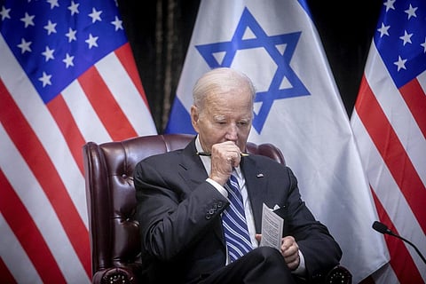 US President Joe Biden pauses during a meeting with Israeli PM Benjamin Netanyahu to discuss the war between Israel and Hamas, in Tel Aviv, Wednesday, Oct. 18, 2023. (Photo | AP)
