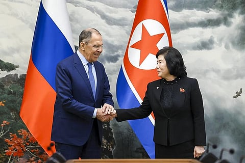 Russian Foreign Minister Sergey Lavrov (L), and North Korean Foreign Minister Choe Son Hui shake hands during their meeting in Pyongyang, on Thursday, Oct. 19, 2023. (Photo | AP)