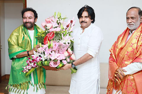  BJP leaders Kishan Reddy & Laxman with Pawan Kalyan in Hyderabad Wednesday. (Photo | Express)