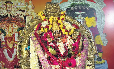 Goddess Kanaka Durga adorned in Maha Chandi Devi avatar for the first time on the fifth day of Dasara festivities atop Indrakeladri Hill on Thursday I Prasant Madugula