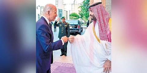 US President Joe Biden with Saudi Crown Prince Mohammed bin Salman (Photo | PTI)