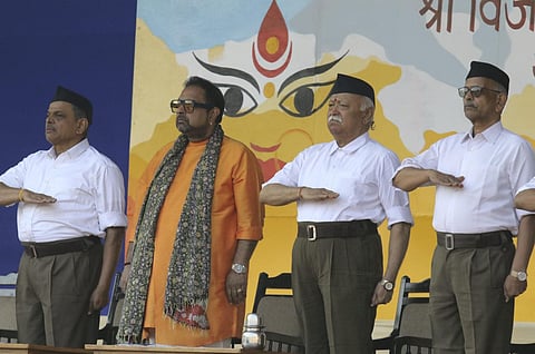 RSS chief Mohan Bhagwat with singer Shankar Mahadevan and others during the RSS 'Vijayadashami Utsav', in Nagpur, Maharashtra, on Oct 24, 2023. (PTI)