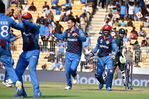 Afghanistan players celebrate a wicket over Pakistan during the ICC World Cup match at MA Chidambaram stadium in Chennai. (Photo | P Ravikumar, EPS)