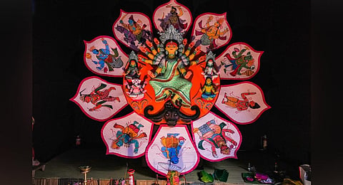 Devi Durga at a community Puja pandal of the Durga Puja celebrations, in Kolkata. (Photo | PTI)