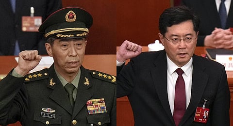A collage of former Chinese Defense Minister Gen. Li Shangfu (L) and former Foreign Minister Qin Gang, used for representational purposes only. (Photo | AP)