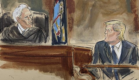 In this courtroom sketch, Judge Arthur Engoron questions former US President Donald Trump on the witness stand in New York Supreme Court, Oct. 25, 2023, in New York. (Photo | AP)