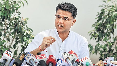 Sachin Pilot addresses a press conference in Jaipur. (File Photo | PTI)
