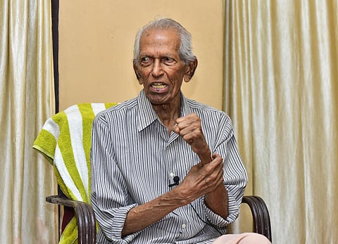 Prof M K Sanoo having a candid conversation with TNIE. (Photo | EPS)