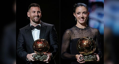 (COMBO) Lionel Messi and Aitana Bonmati with their trophies after winning the men's and women's Ballon d'Or awards on October 30, 2023. (Photo | AFP)