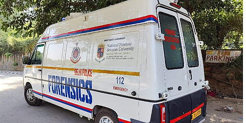 A forensics van outside the office of NewsClick at Sainik Farm during raids by Delhi Police's Special Cell on its premises, in New Delhi, Tuesday, Oct. 3, 2023. (Photo | PTI)