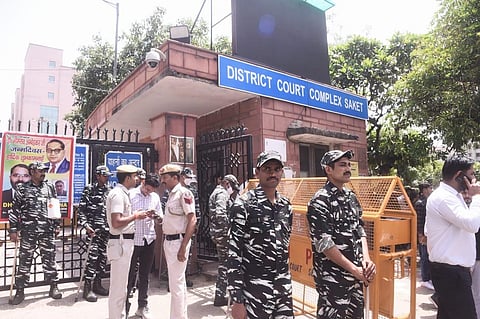 Heavy security and media presence outside Saket court after a shooting incident inside the court premises in New Delhi. (Photo | Parveen Negi, EPS)