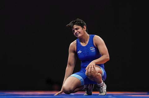 India's Sonam after winning against china's Jia Long. (Photo | PTI)