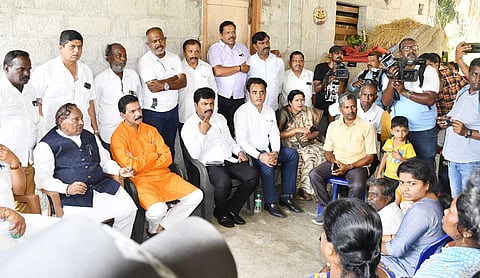 BJP’s KS Eshwarappa, Nalin Kumar Kateel, BY Raghavendra & Dr CN Ashwath Narayan interact with residents of Ragigudda in Shivamogga on Thursday. (Photo | Shimoga Nandan)