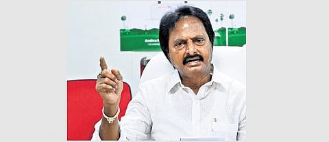APSFL Chairman P Gowtham Reddy addresses a media conference in Vijayawada on Saturday | Express