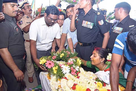 Army Jawan Neeradi Ganga Prasad funerals were completed with Army official honors on Sunday in Kummanpally village in Salura Mandal near Bodhan town in Nizamabad district on Sunday. (Photo | Express)