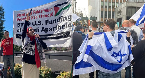 Pro-Palestinian demonstrators chant slogans outside the Israeli consulate in Atlanta; Pro-Israel demonstrators gather across a pro-Palestinian group on 42nd Street in New York City. (Photo | AP)