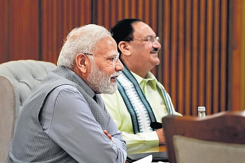 Prime Minister Narendra Modi and BJP national president JP Nadda attend the Central Election Committee meeting in New Delhi. (FIle Photo | PTI)