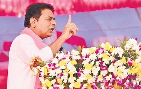 BRS working president KT Rama Rao addresses a meeting of party workers at Machareddy mandal headquarters in Kamareddy constituency on Tuesday.