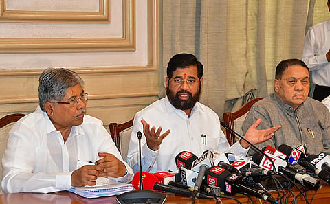 Maharashtra Chief Minister Eknath Shinde addresses a press conference after the Maharashtra Cabinet sub-committee meeting regarding the Maratha reservation. (PTI)