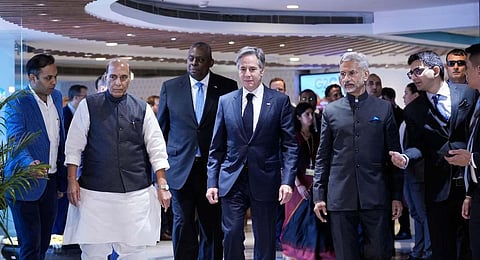 Defence Minister Rajnath Singh and External Affairs Minister S. Jaishankar with US Secretary of State Antony Blinken and US Secretary of Defense Lloyd Austin in New Delhi. (Photo | PTI)