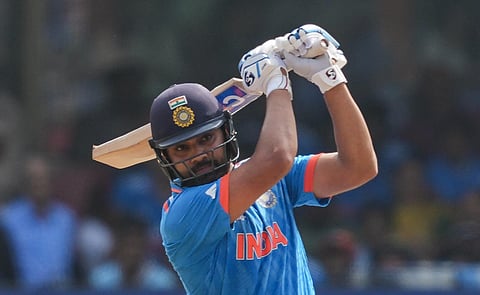 India's batter Rohit Sharma plays a shot during the ICC Men's Cricket World Cup 2023 match between India and Netherlands, at M. Chinnaswamy Stadium in Bengaluru, Sunday, Nov. 12, 2023. (PTI)